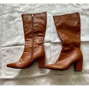 Womens Brown Knee High Pointed Toe Boots Block Heel Fashion Zipper Closure